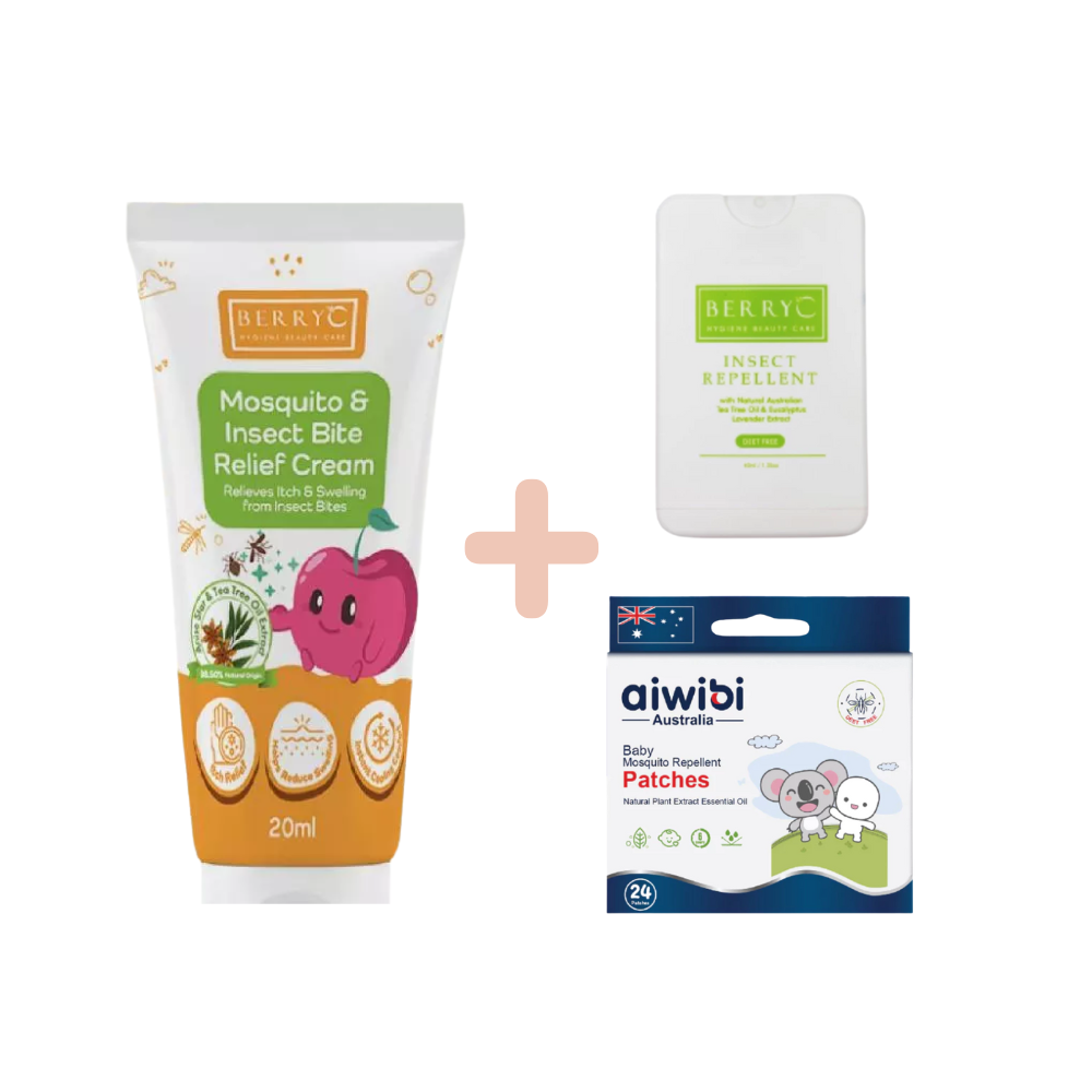 Aiwibi - Baby Mosquito Repellent Patch & Sticker x1 + BerryC - Pocket Insect Repellent (40ml) x1 + BerryC - Mosquito & Insect Bite Relief Cream (20ml) x1